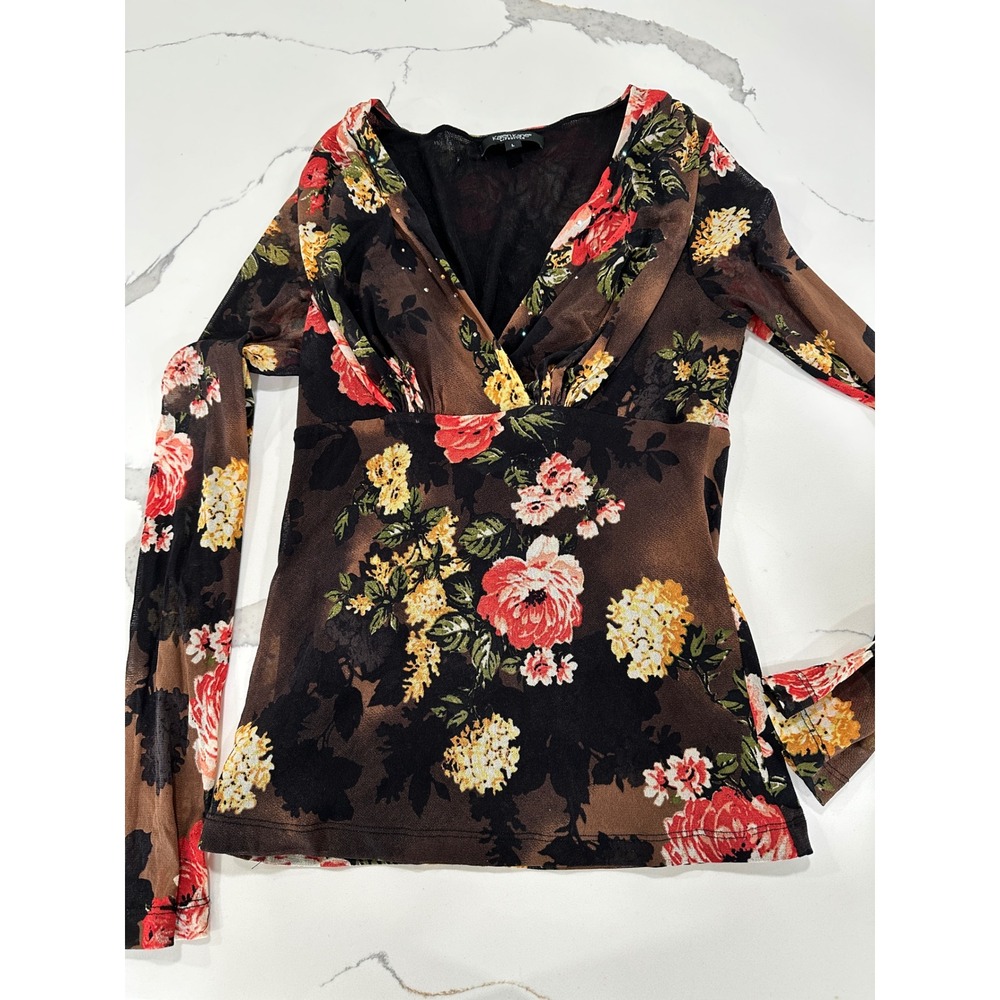 Karen Kane Lifestyle Floral Mesh V-Neck Long Sleeve Top Brown Red Large